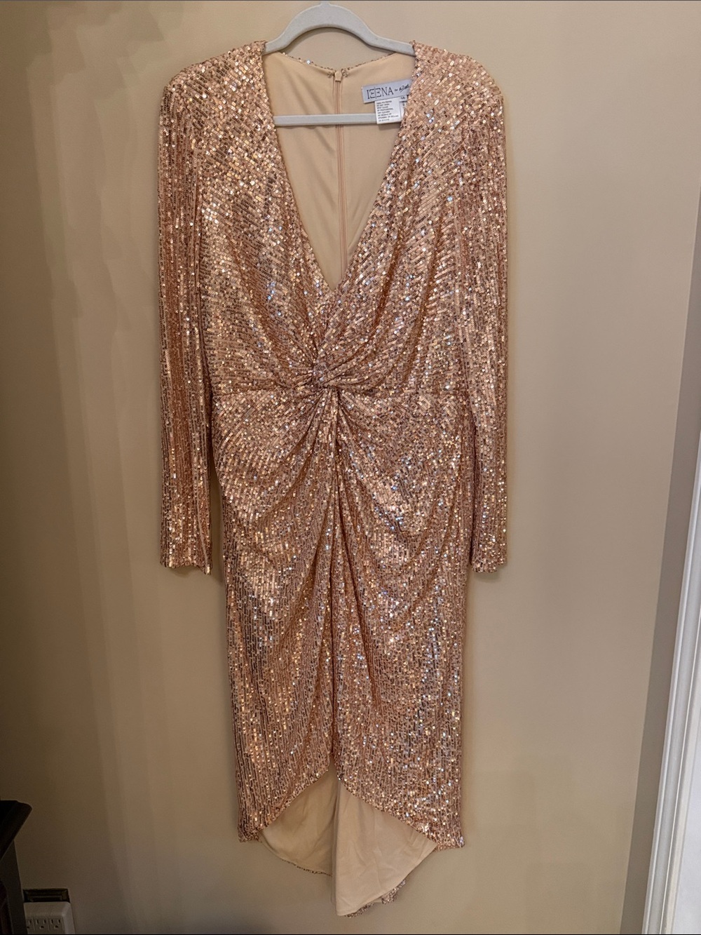 Mac Duggal Rose Gold Sequin Long Sleeve Knot-Front Dress.